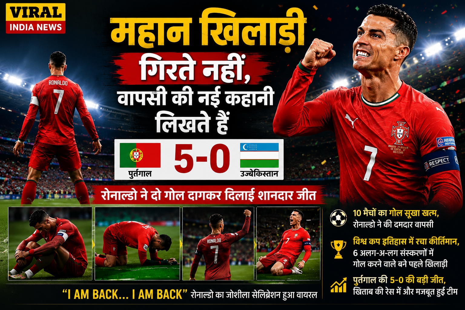 क्रिस्टियानो रोनाल्डो की शानदार वापसी, दो गोल दागकर पुर्तगाल को दिलाई बड़ी जीत